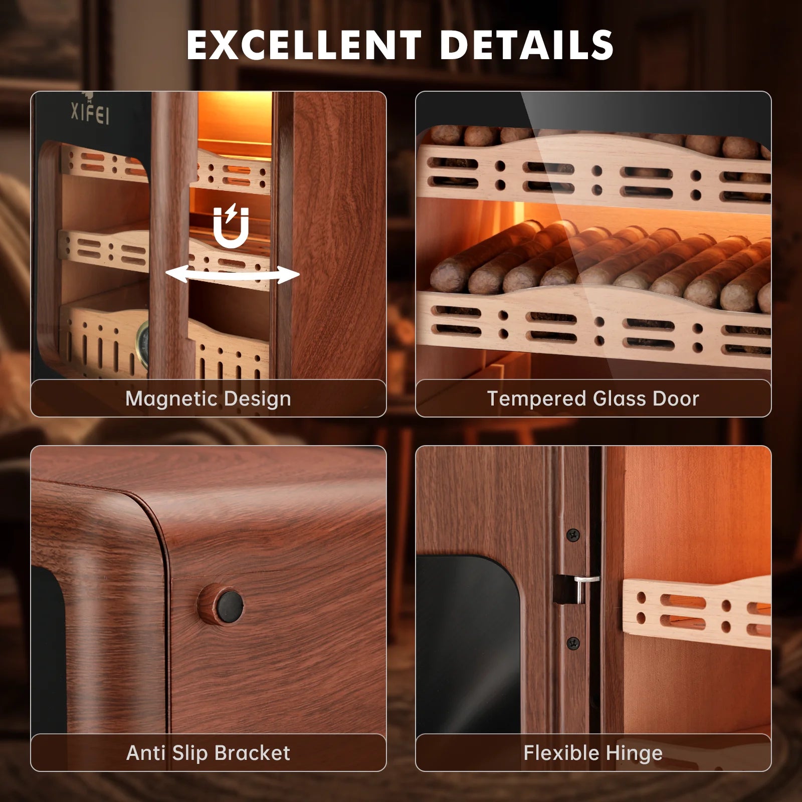 Cigar Humidor,Cigar Humidor Cabinet up to 150 Cigars,Led Lighting Desktop Humidor with Spanish Cedar Wood Shelves, Hygrome