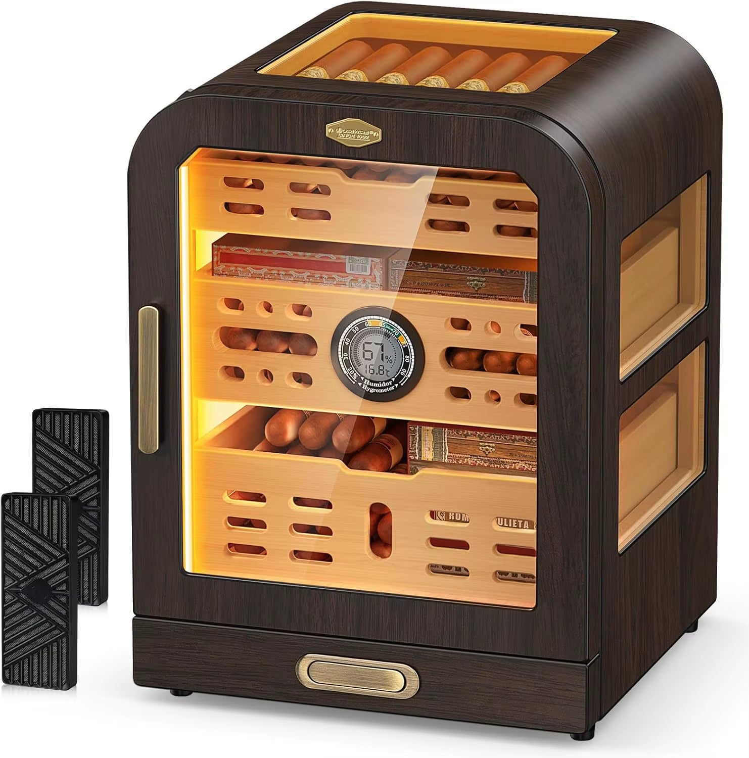 Cigar Humidor, Cedar Wood Drawer Cigar Cabinet for 80-120 Cigars, LED Lighting System, Digital Thermometer and 2 Humidifiers