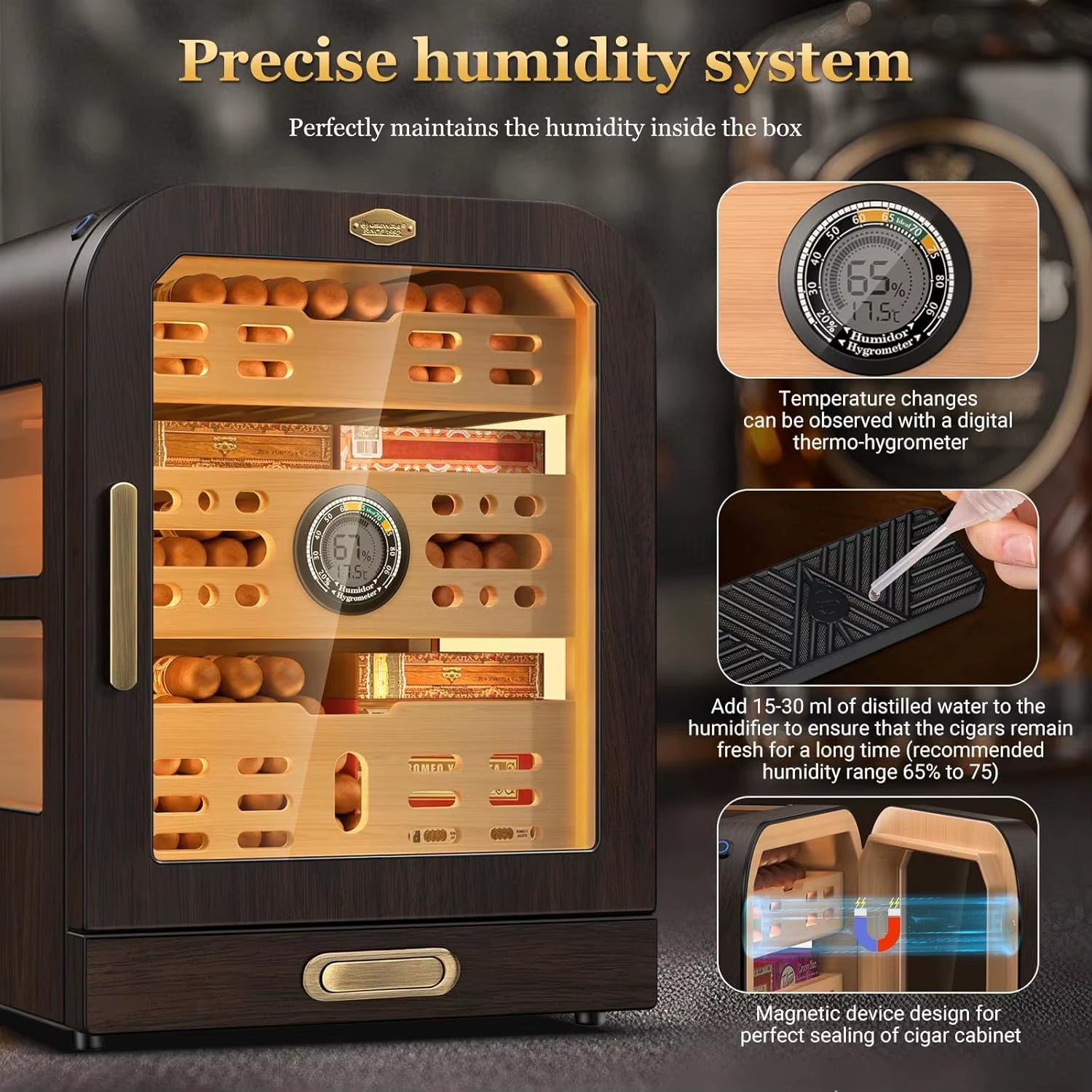 Cigar Humidor, Cedar Wood Drawer Cigar Cabinet for 80-120 Cigars, LED Lighting System, Digital Thermometer and 2 Humidifiers