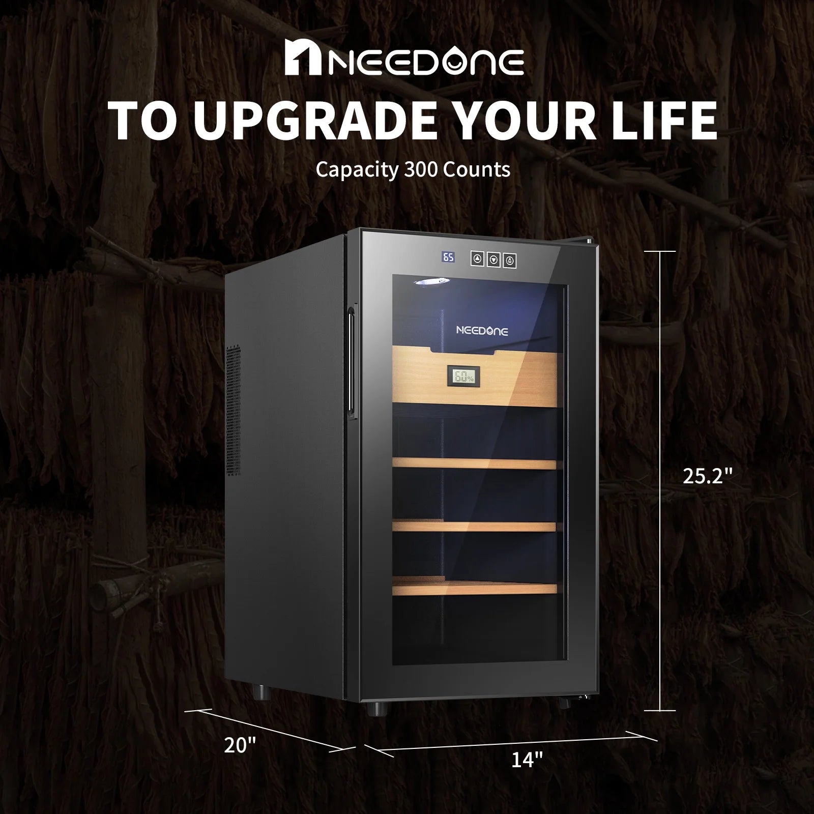 48L Electric Humidor 300 Counts Cigar Cooler Humidor Humidifier Box, with 3 Spanish Cedar Wood Shelves & 1 Drawer