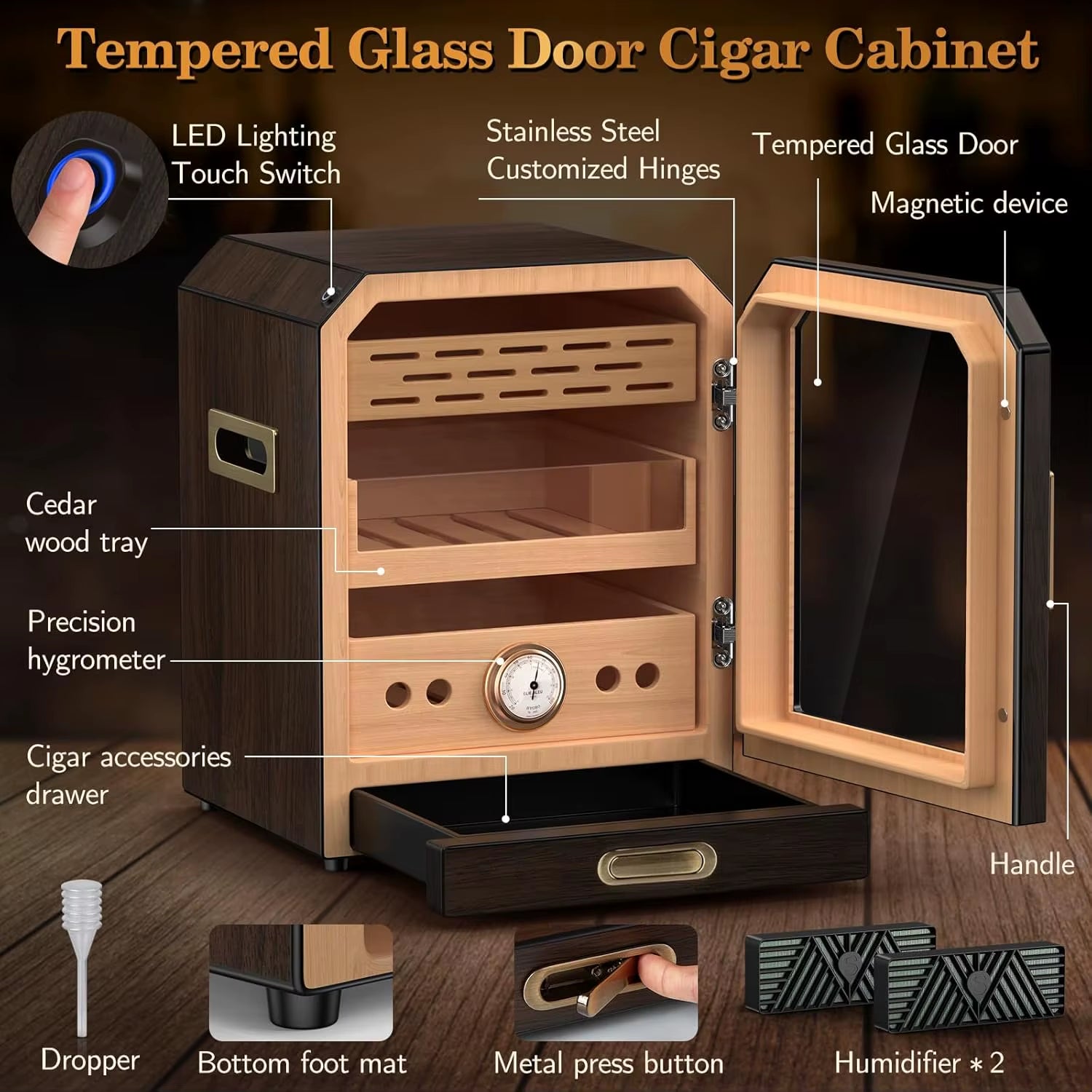 Cigar Humidor, Lighted Control Magnetic Door, with Cigar Accessory Drawer and 2 Humidifiers 3 Layer Large Capacity Storage