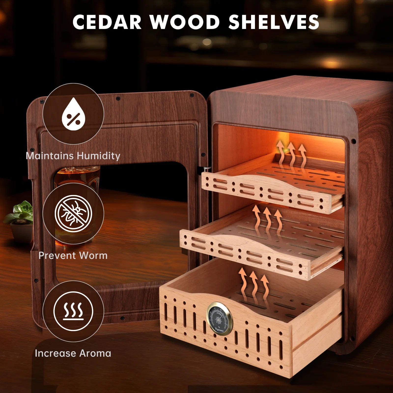 Cigar Humidor,Cigar Humidor Cabinet up to 150 Cigars,Led Lighting Desktop Humidor with Spanish Cedar Wood Shelves, Hygrome