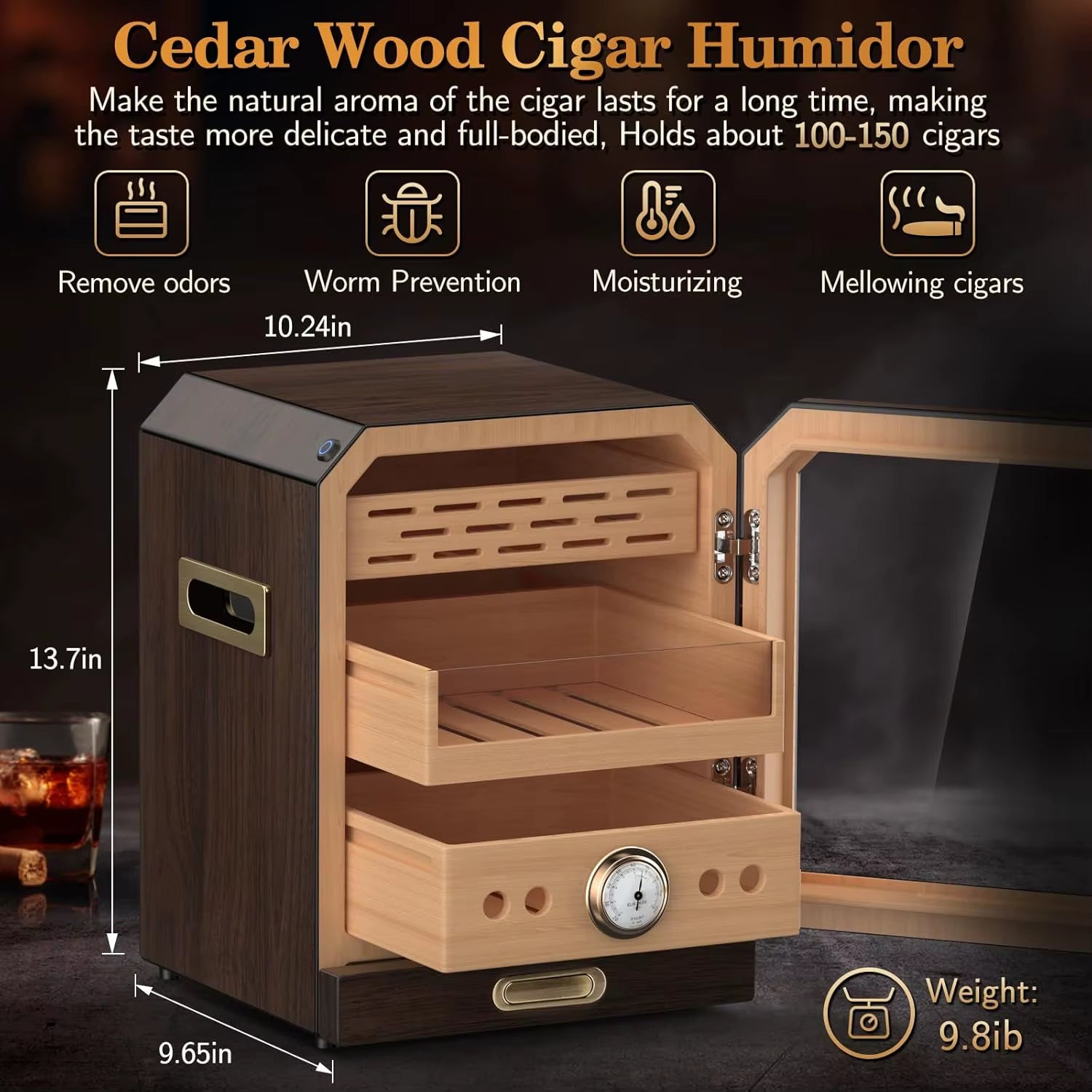 Cigar Humidor, Lighted Control Magnetic Door, with Cigar Accessory Drawer and 2 Humidifiers 3 Layer Large Capacity Storage