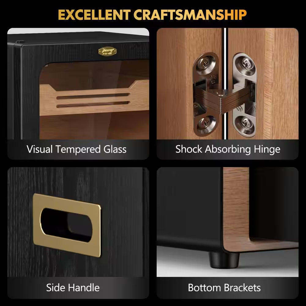 11 In. X 9.72 In. X 15.8 In. Black Desktop Cigar Humidor Cabinet Light Control System, with Spanish Cedar Wood Shelves