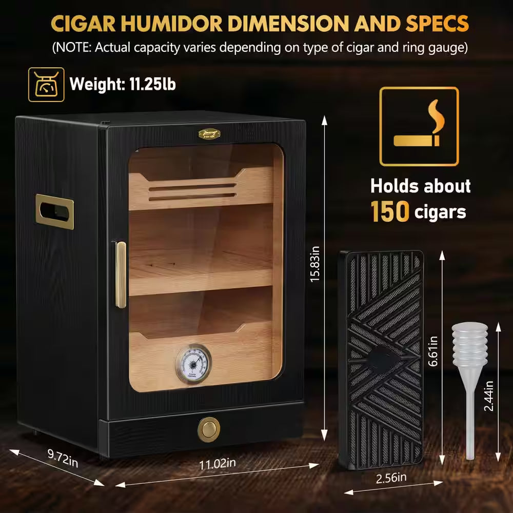 11 In. X 9.72 In. X 15.8 In. Black Desktop Cigar Humidor Cabinet Light Control System, with Spanish Cedar Wood Shelves