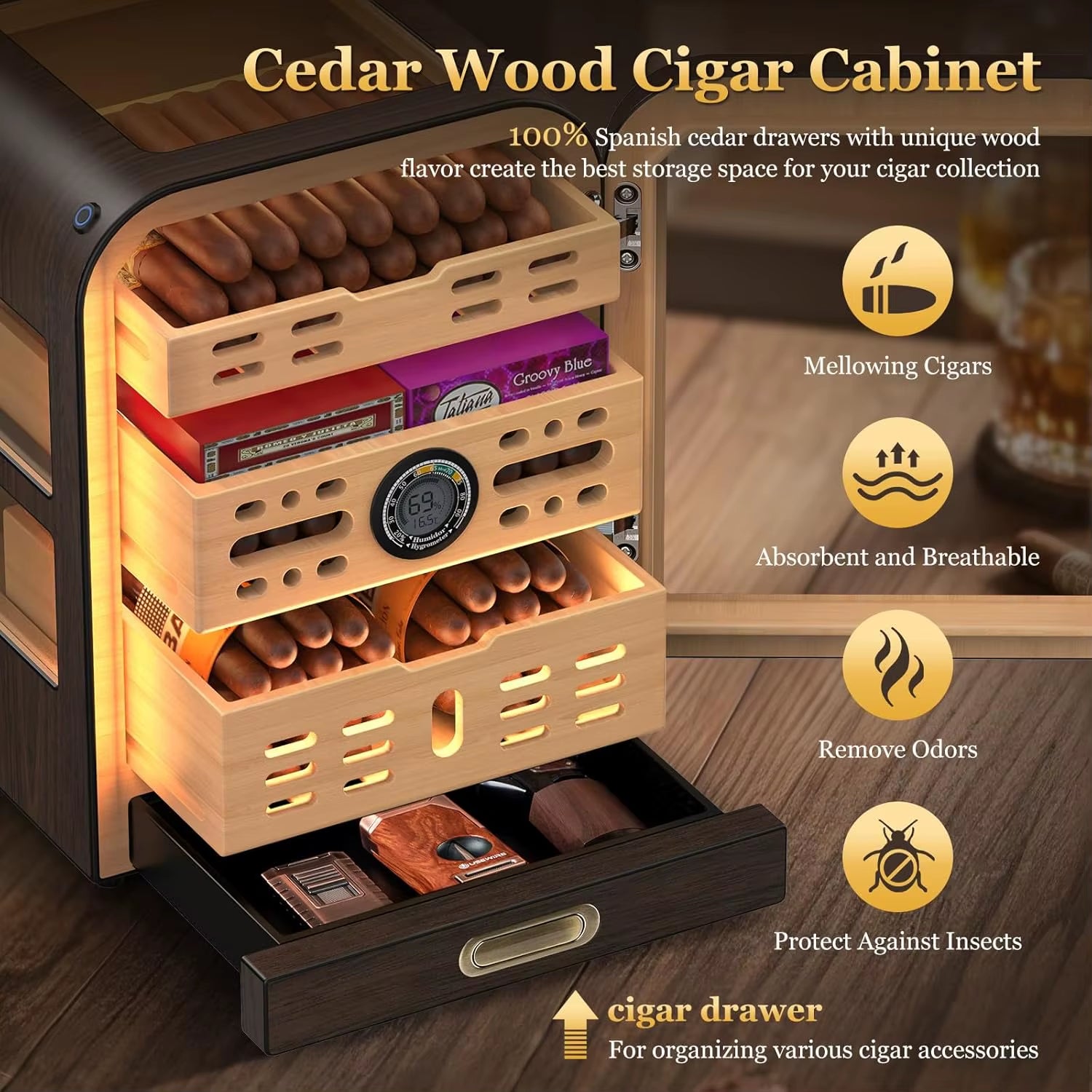 Cigar Humidor, Cedar Wood Drawer Cigar Cabinet for 80-120 Cigars, LED Lighting System, Digital Thermometer and 2 Humidifiers